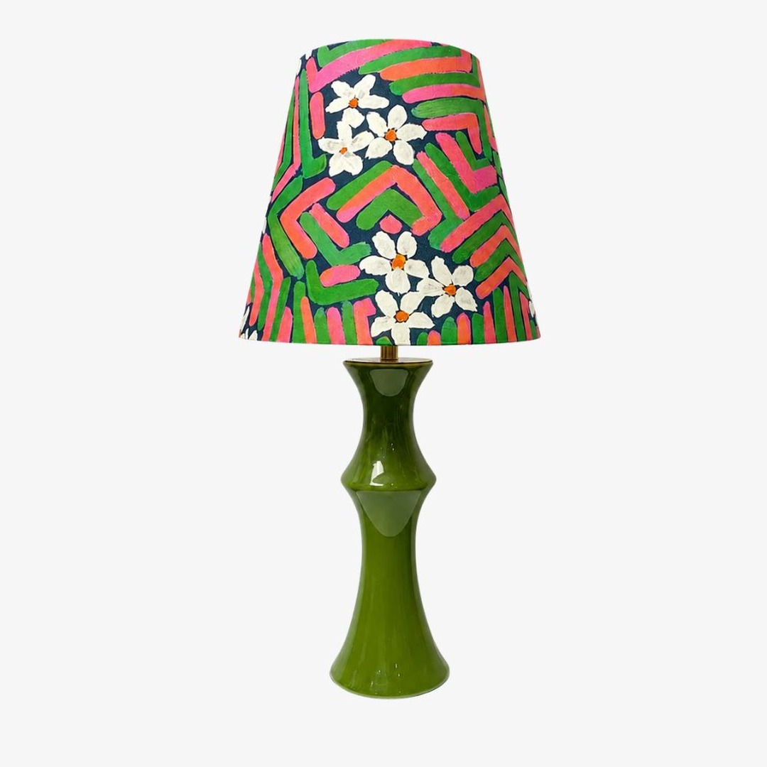 Pink and green floral shade ceramic table lamp
