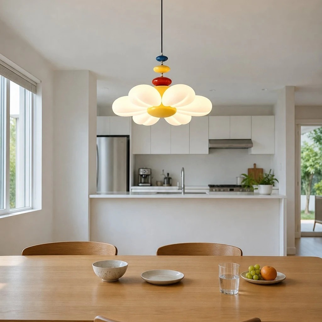 Flower pendant lamp above a dining table