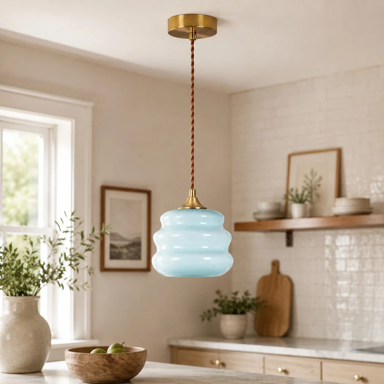 Pendant light in a bright cream kitchen