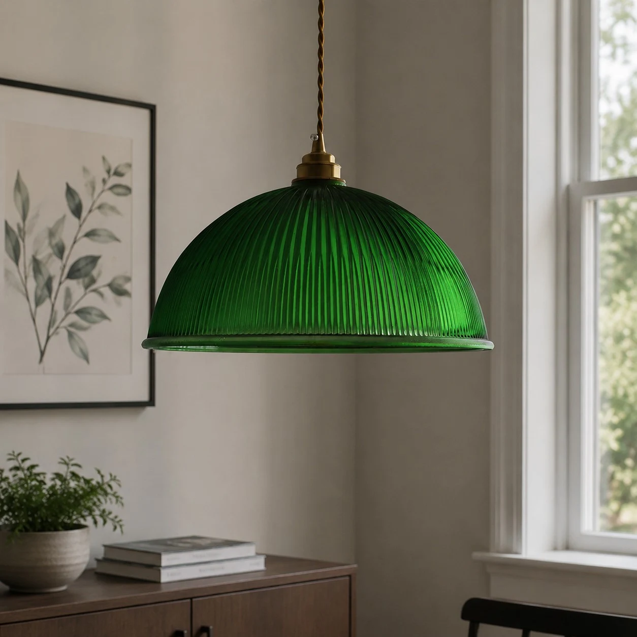 Emerald green pendant light near a bright window
