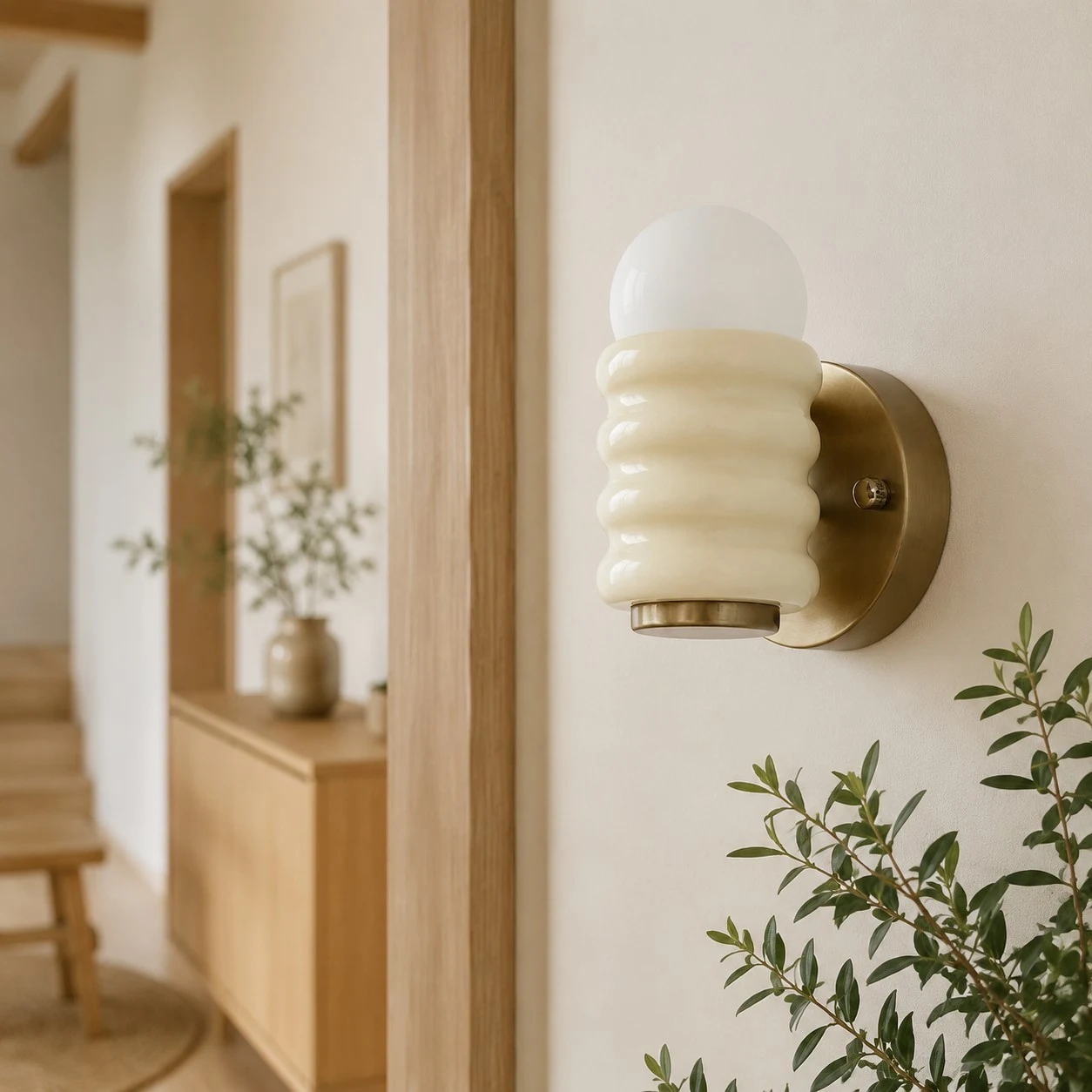 Cream wall sconce in hallway