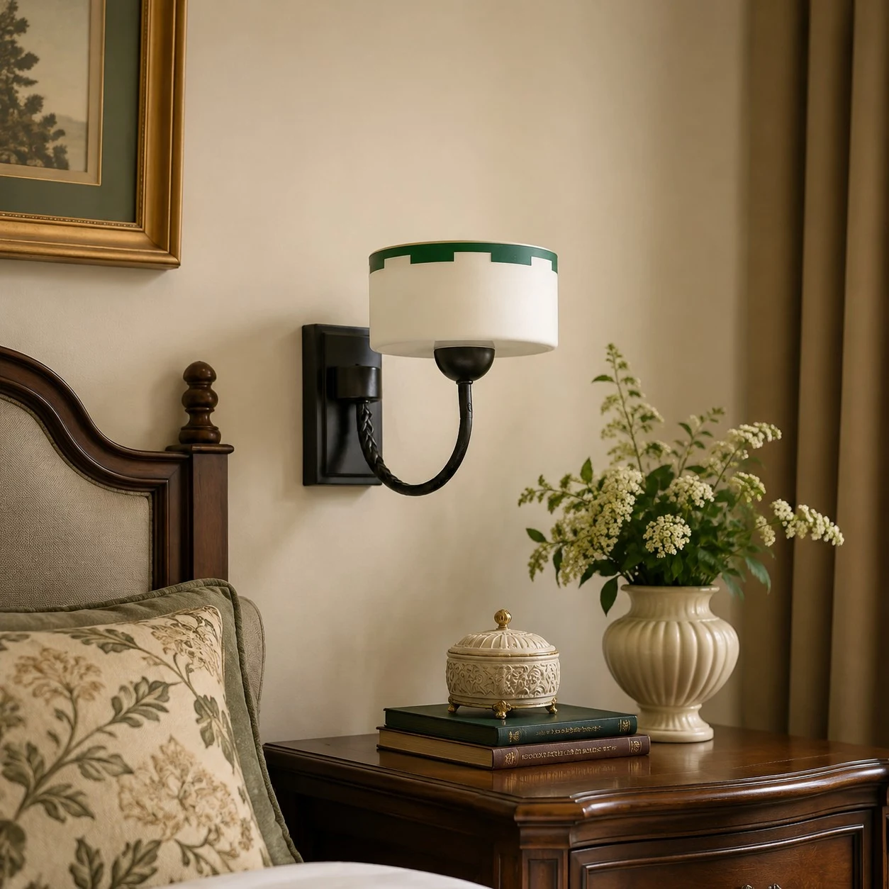 Bedside scale scene with wall-mounted sconce