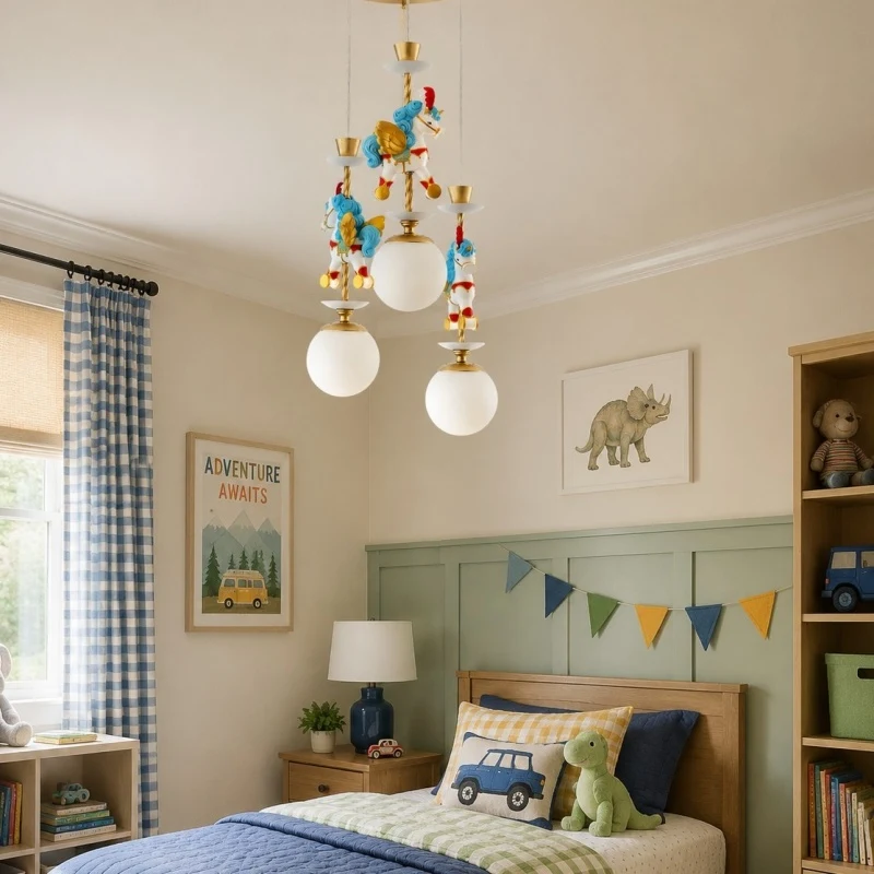 Children bedroom chandelier above play tent and bed