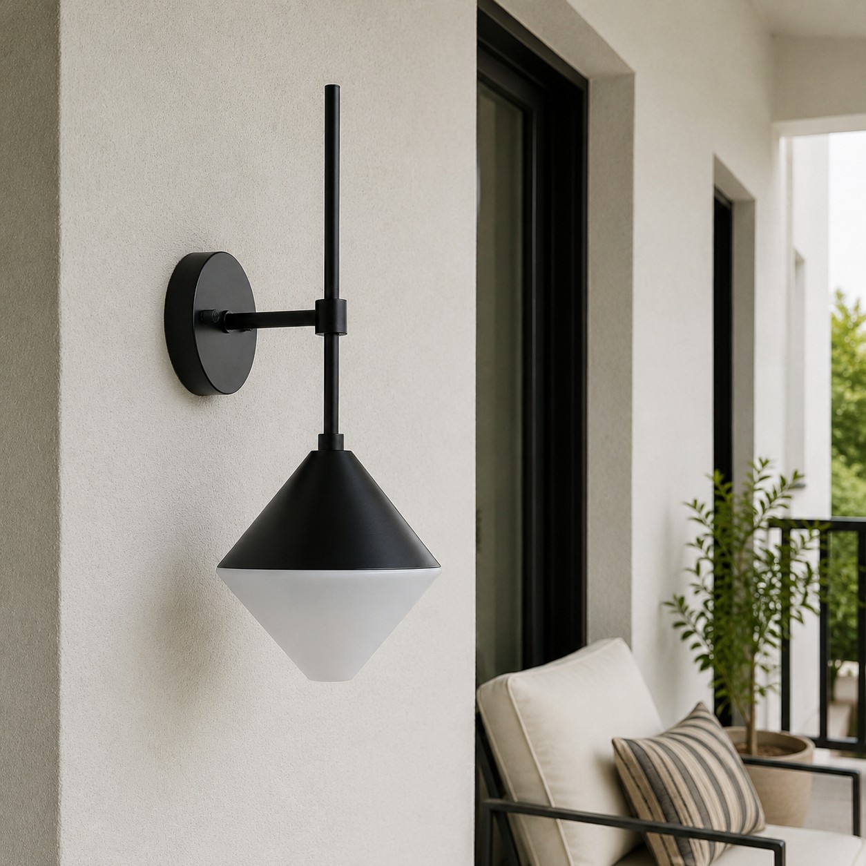black and white outdoor wall sconce on a covered balcony wall