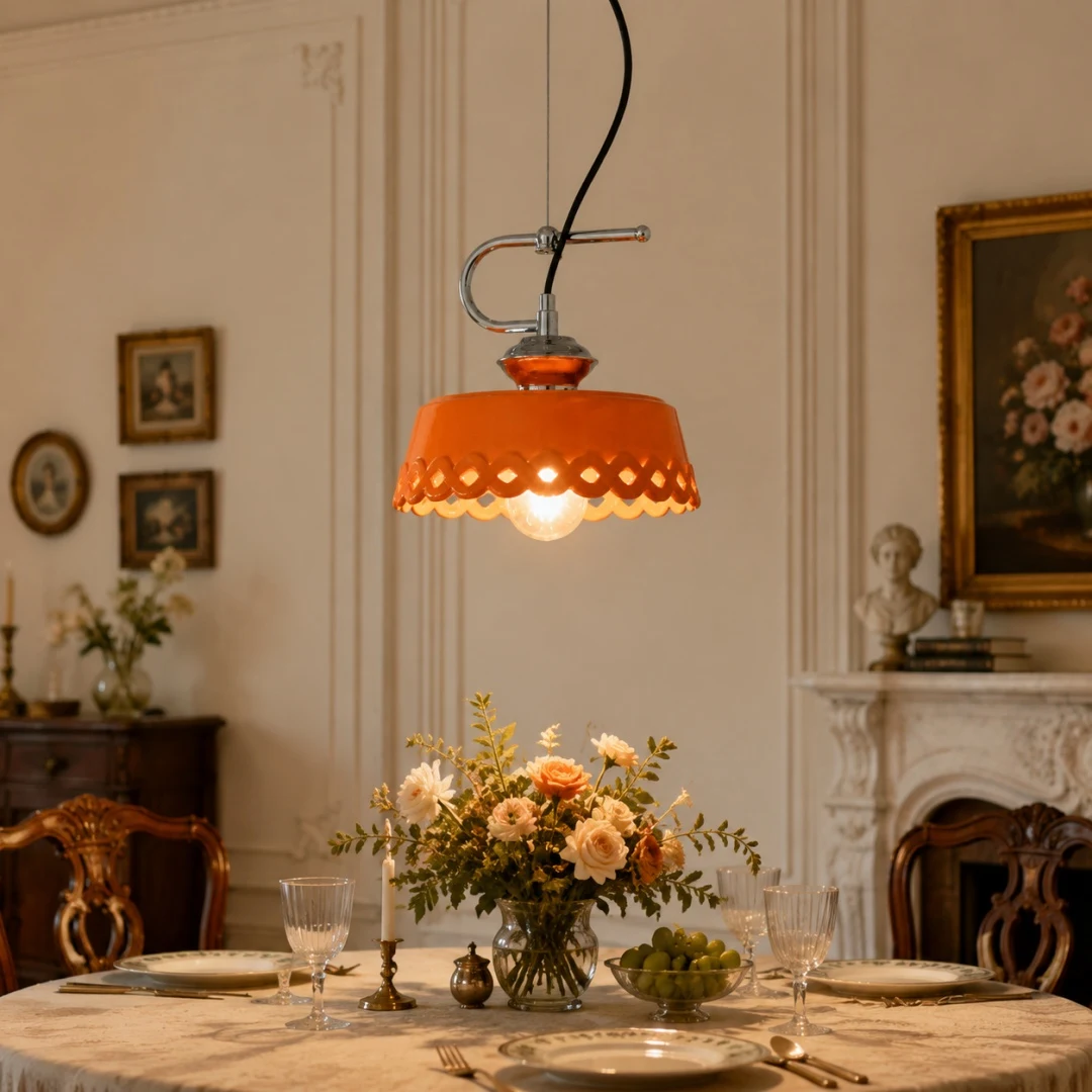 Orange metal and ceramic pendant lamp glowing over a classic dining setting