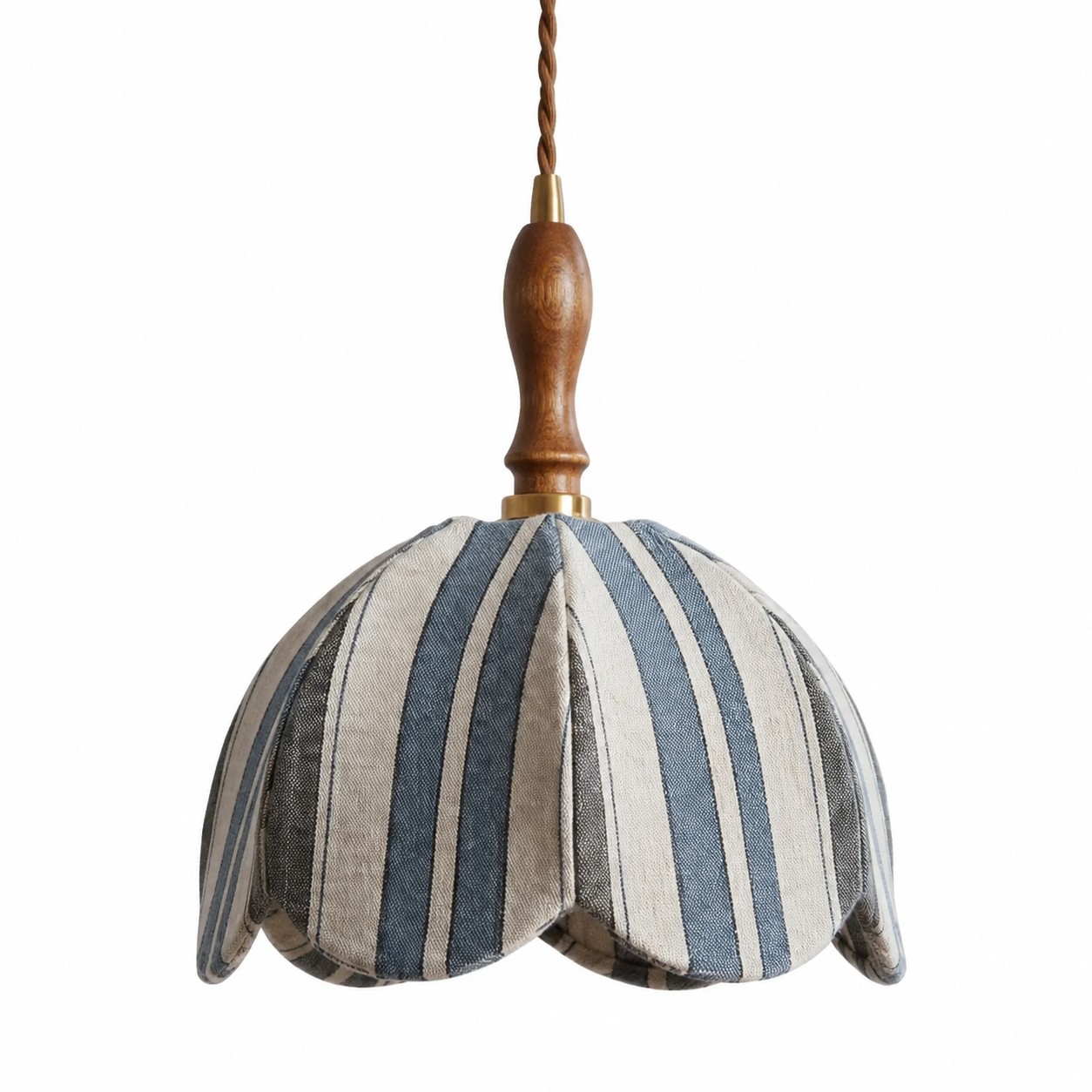 Blue and ivory striped fabric pendant lamp with dark wood handle and brass connector