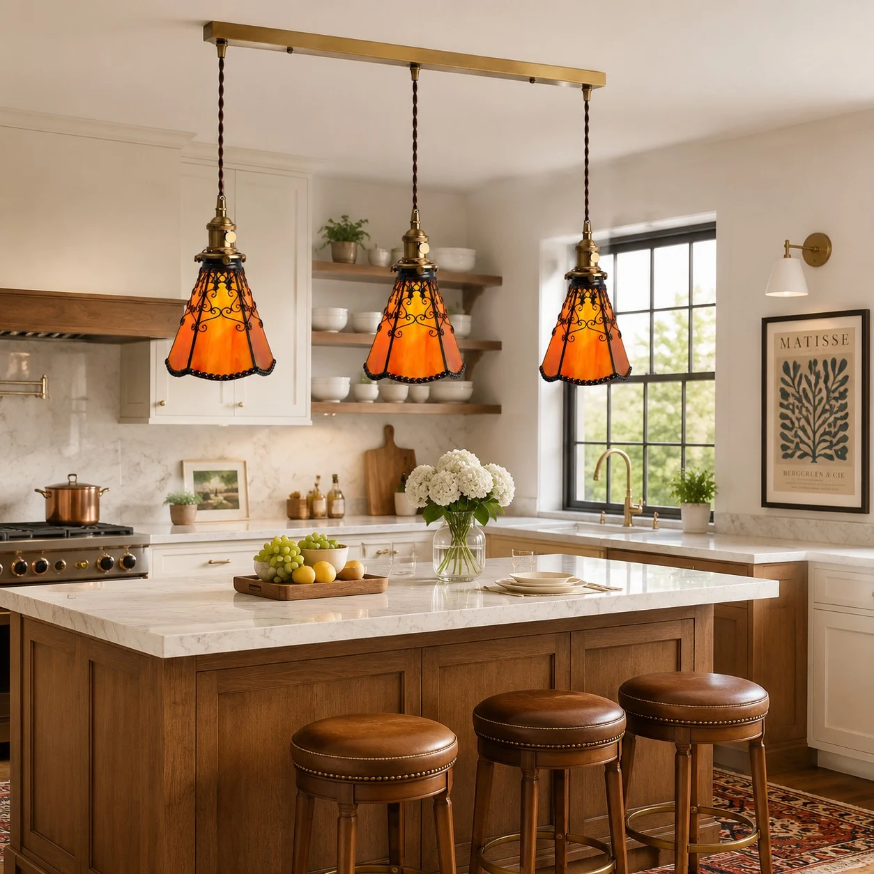 orange red three-light kitchen island scene
