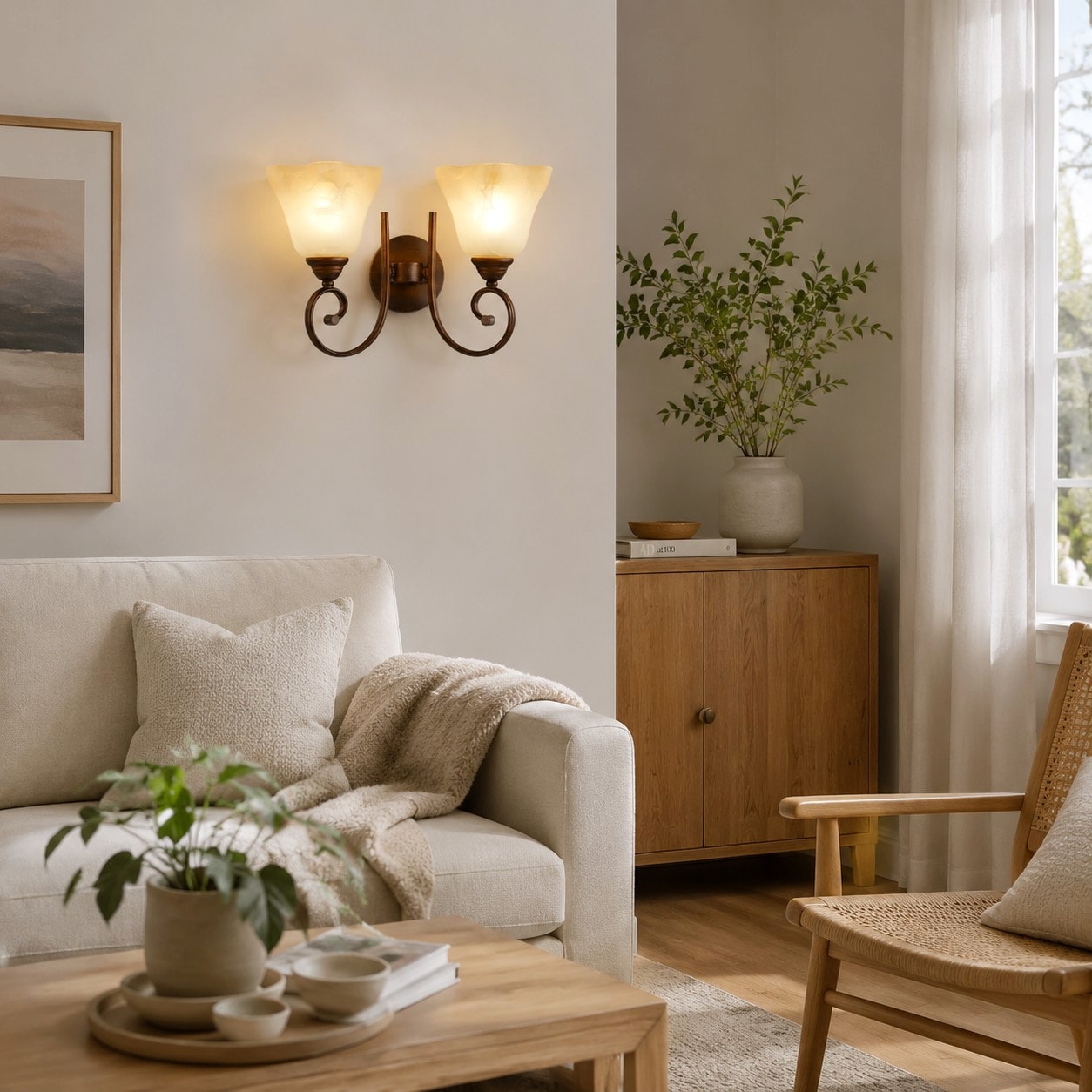 Vintage frosted glass wall sconce in a warm living room