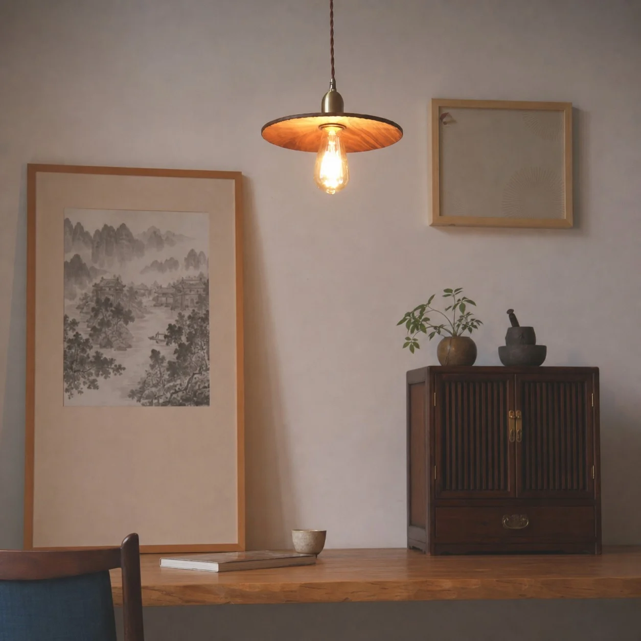Hand carved wood pendant light casting warm light on a quiet wall
