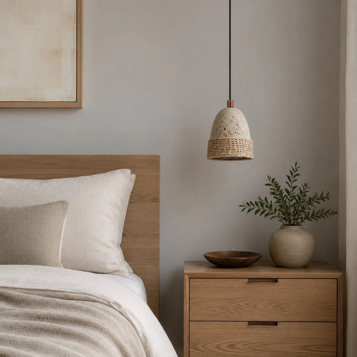 Single woven stone pendant light in bedroom bedside scene