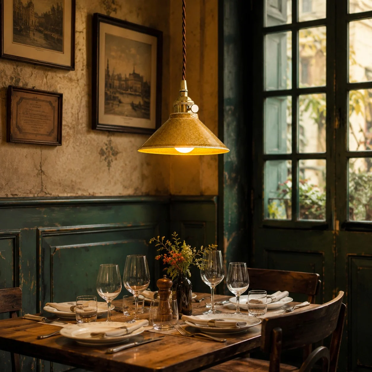 Yellow glazed ceramic pendant light over a vintage restaurant table