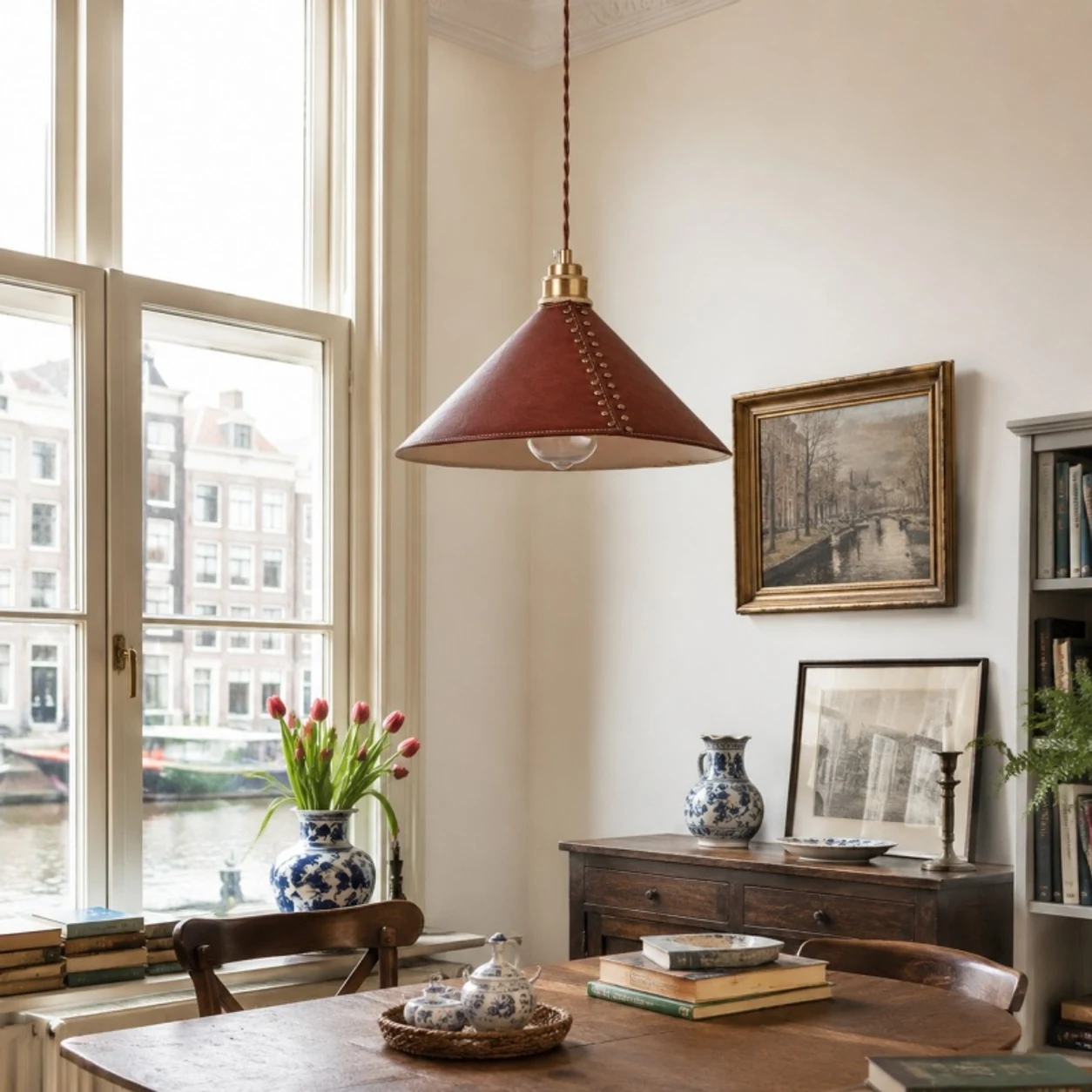 Reddish-brown leather pendant lamp above a window-side table