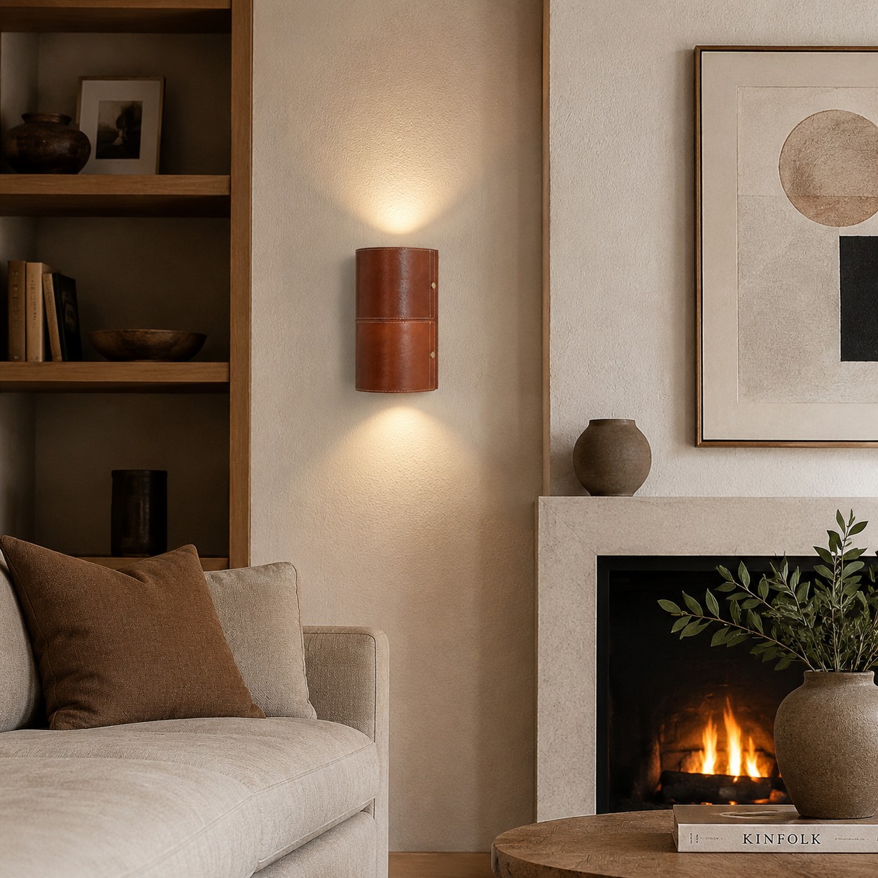 Brown leather wall sconce installed near a fireplace