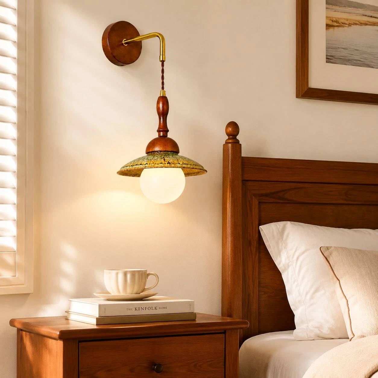 Japanese retro wall sconce installed above a bedside table beside a warm wood bed