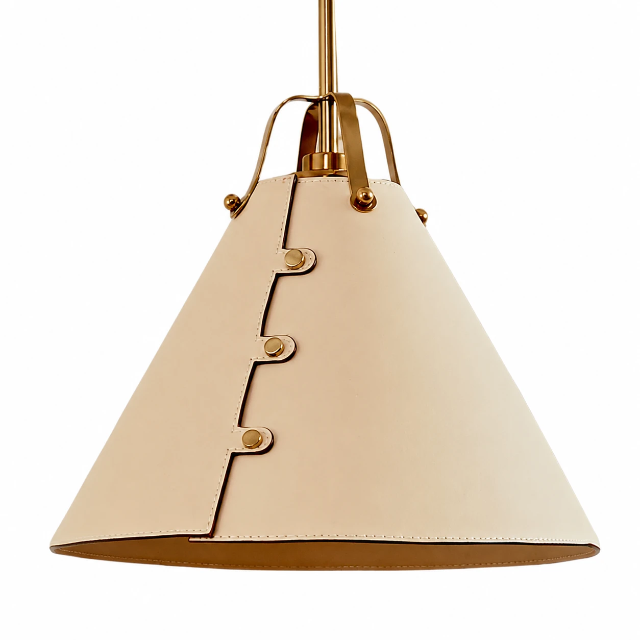 Close view of the leather shade and brass hardware