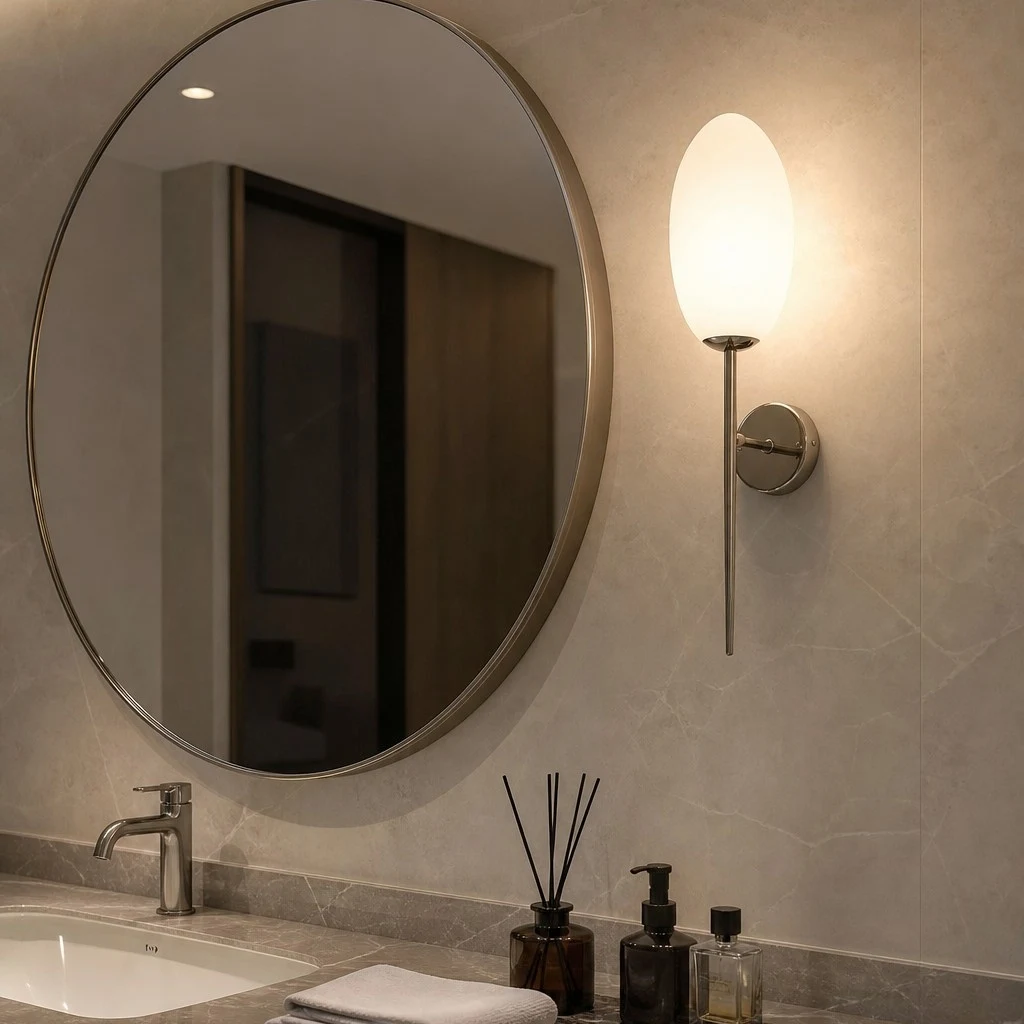 Milk glass wall sconce beside a round mirror