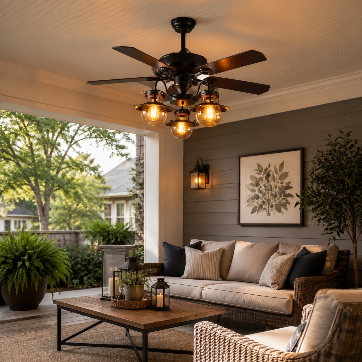 Ceiling fan light in a warm living room