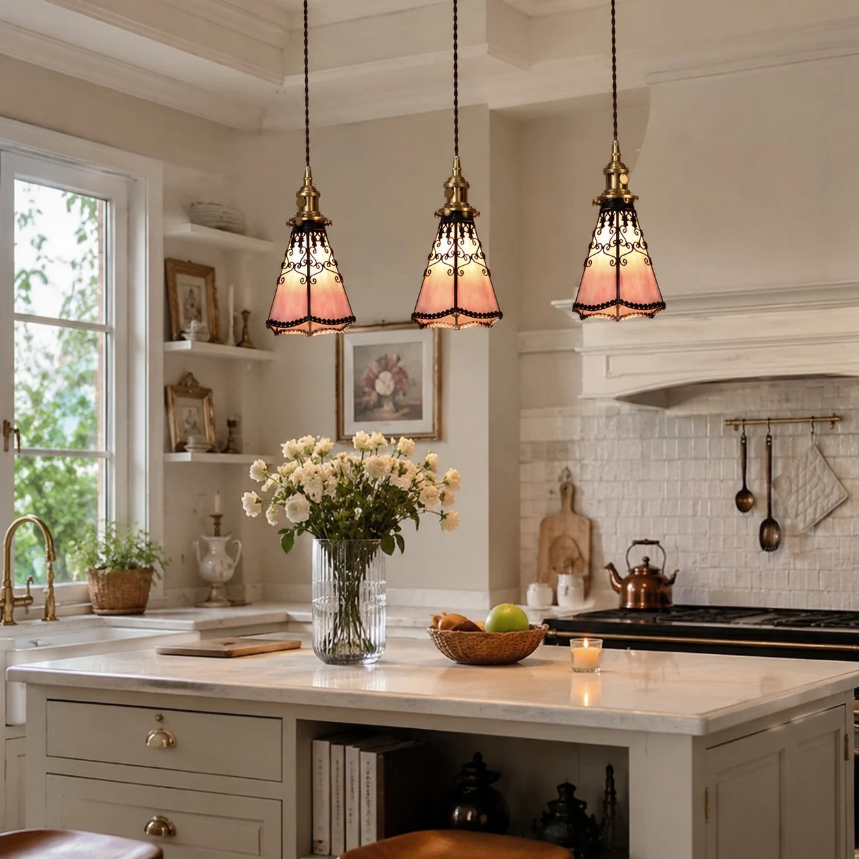 sakura pink pendant kitchen island scene
