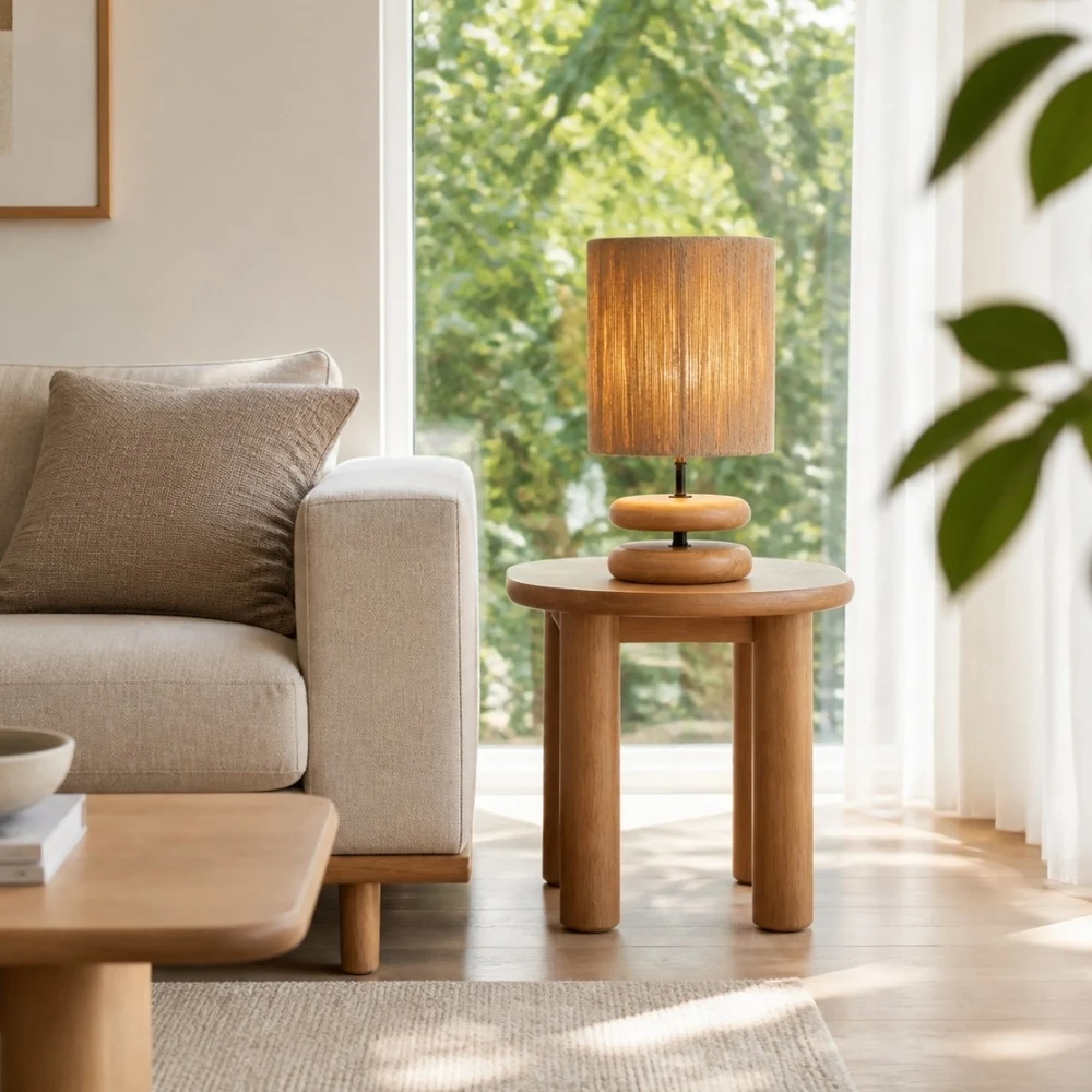 Natural wood table lamp beside a sofa in a bright living room