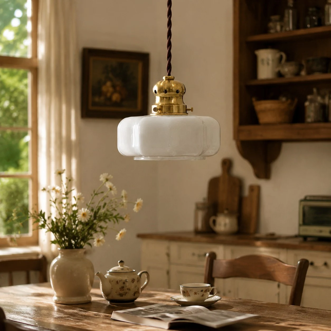Warm pendant lighting over a cafe style dining space