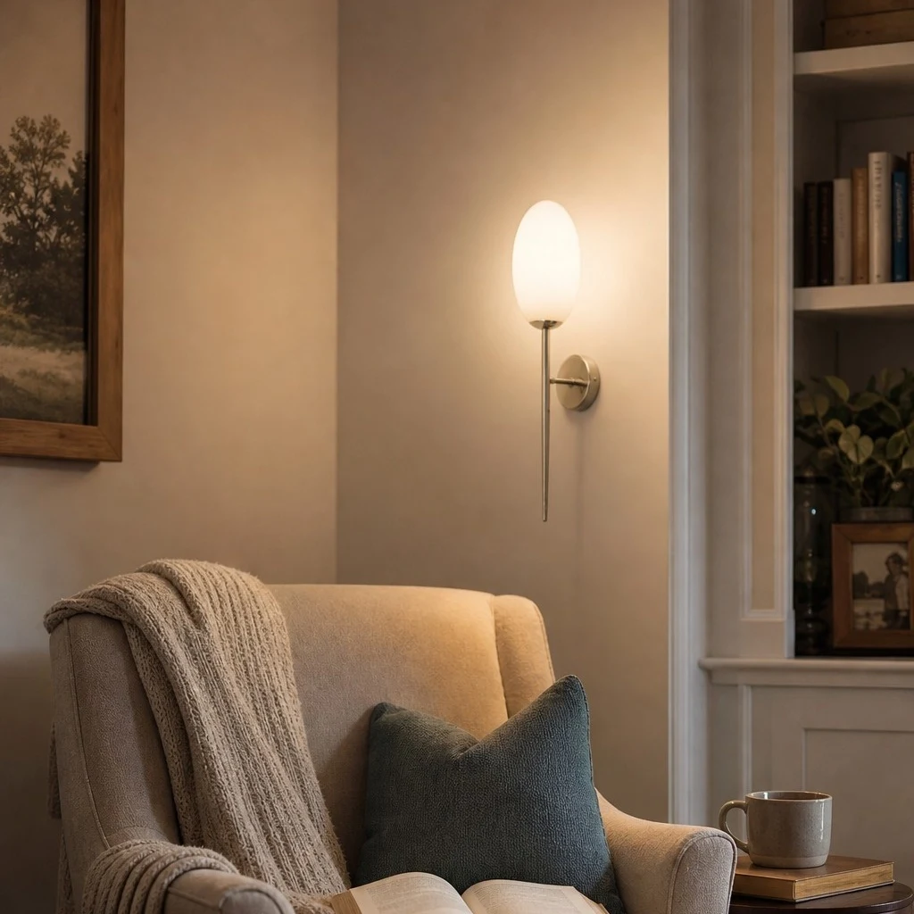 Milk glass wall sconce in a reading corner