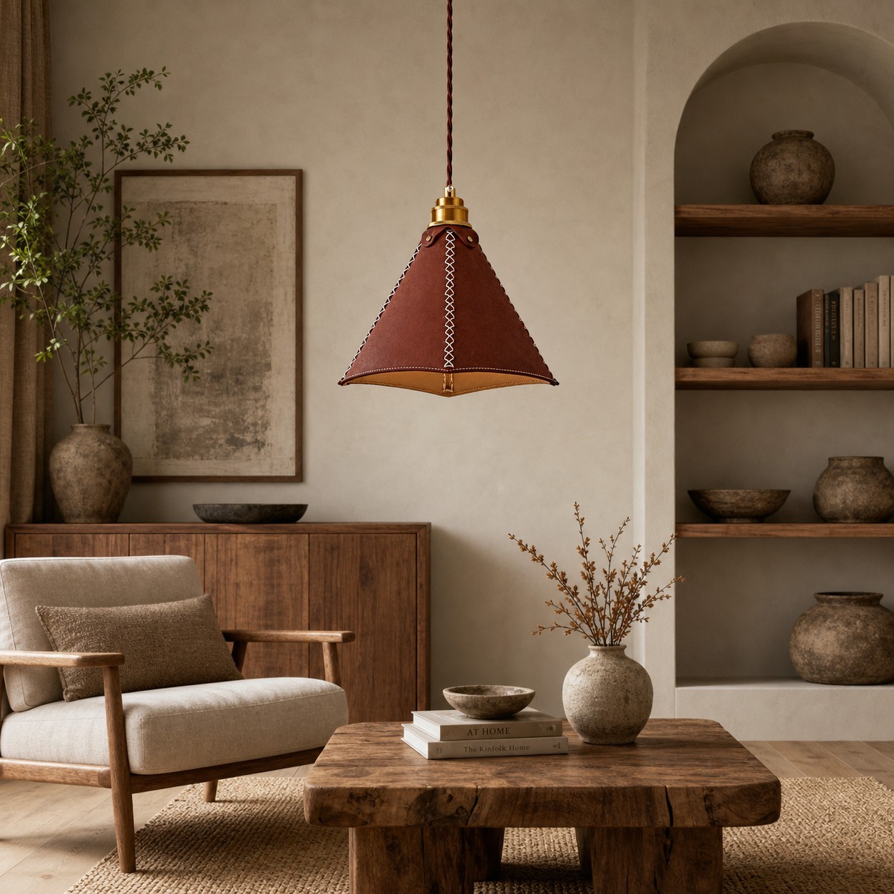 Leather pendant light styled with wood furniture and neutral shelves