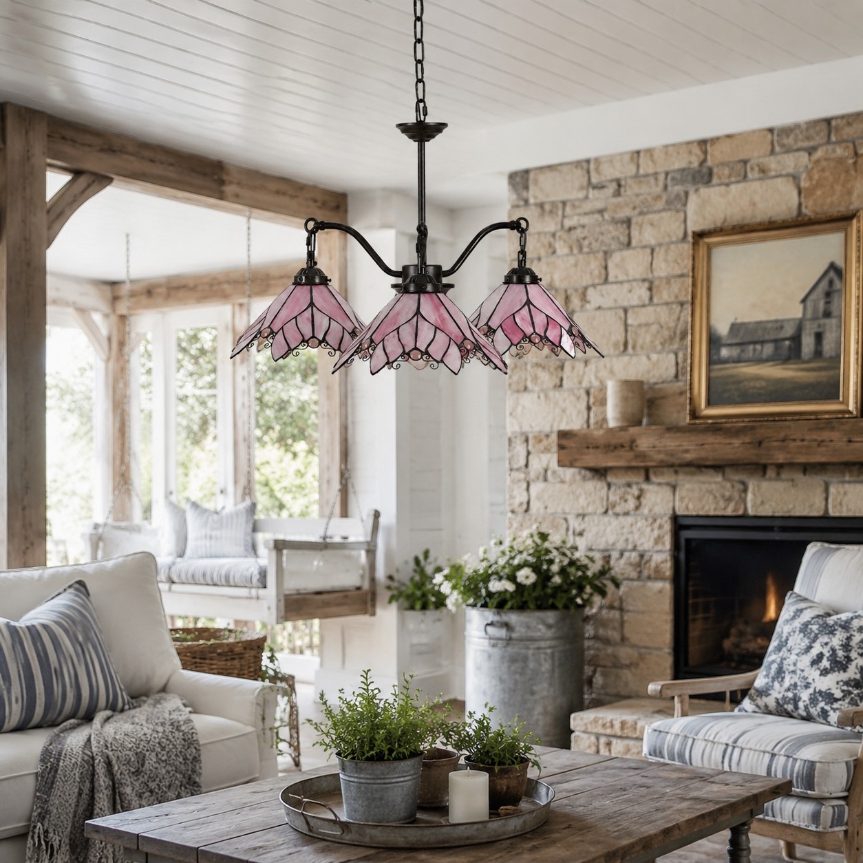 Four-Light Stained Glass Chandelier