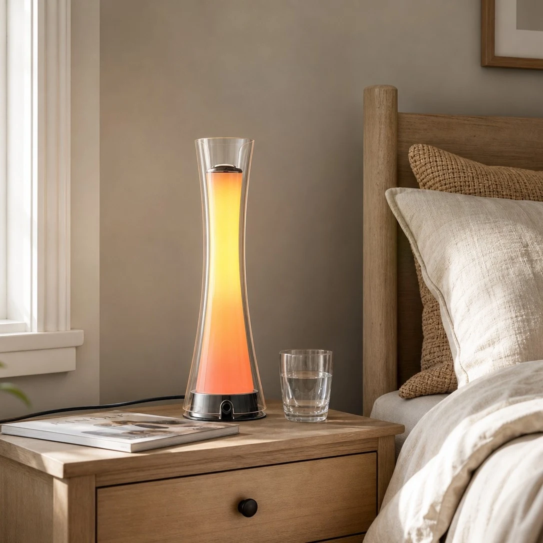 Sunset gradient table lamp beside a bed