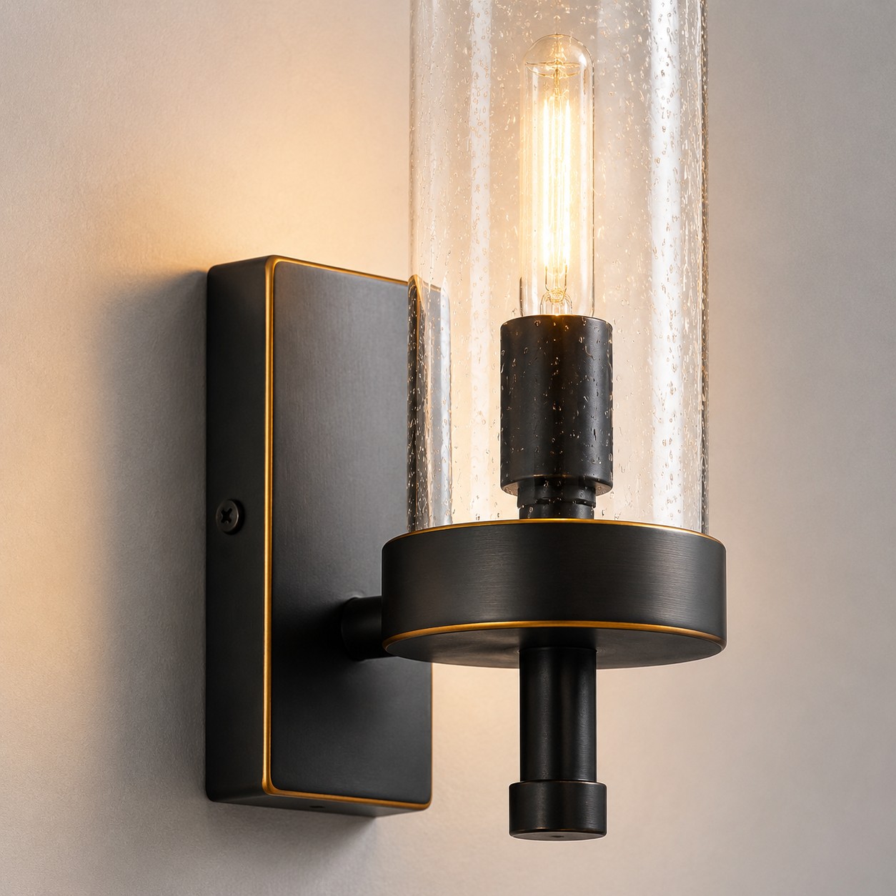 Close view of lit wall sconce body