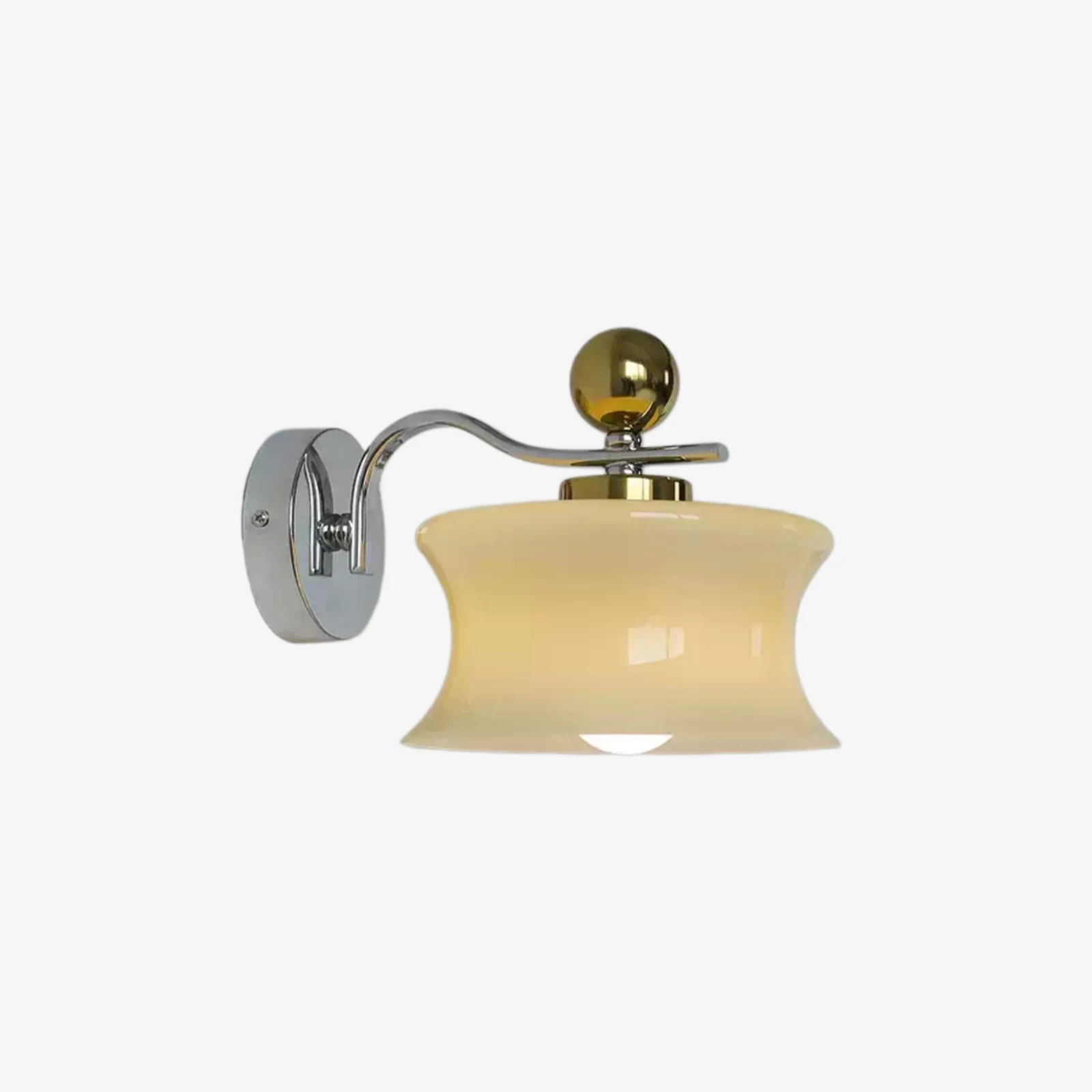 Cream glass wall lamp with chrome arm and brass accent