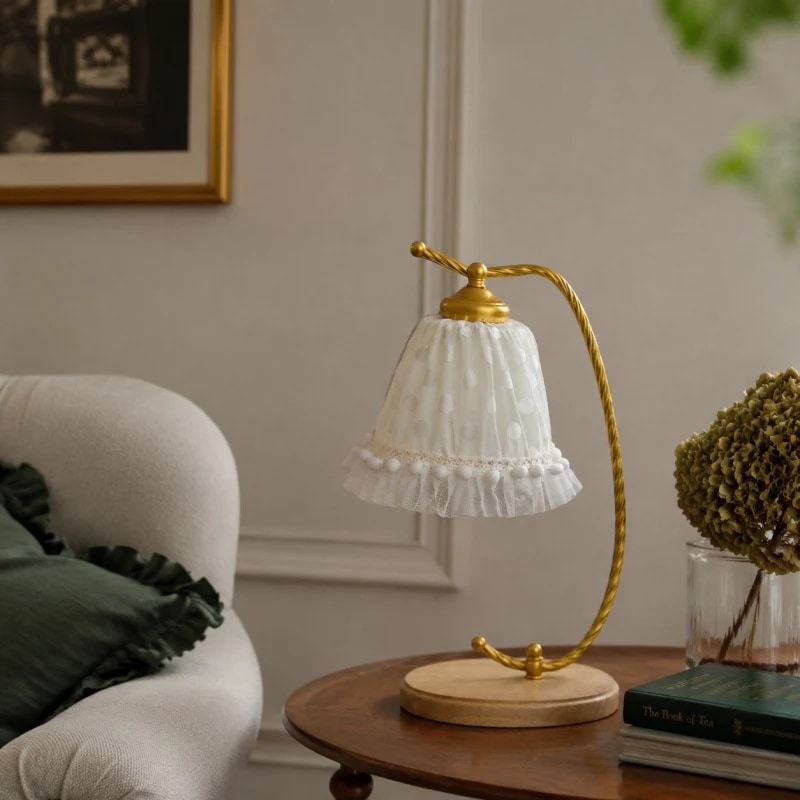 Lamp on a round side table with classic room decor