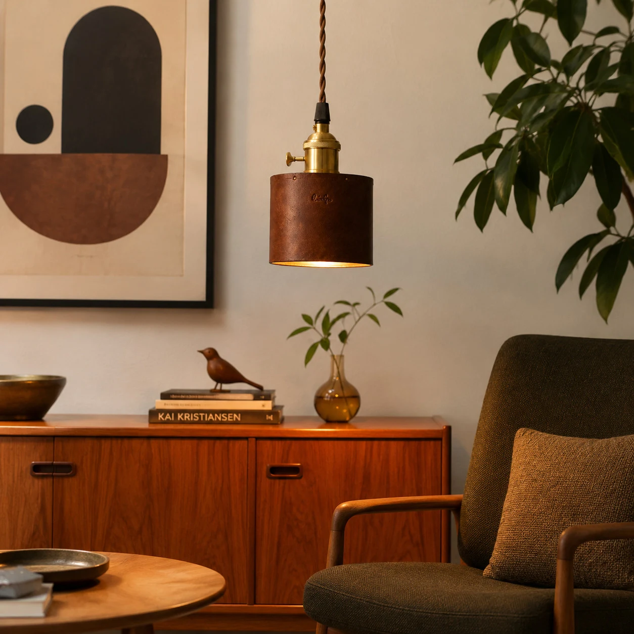 Brown leather pendant lamp lit in a warm vintage living room