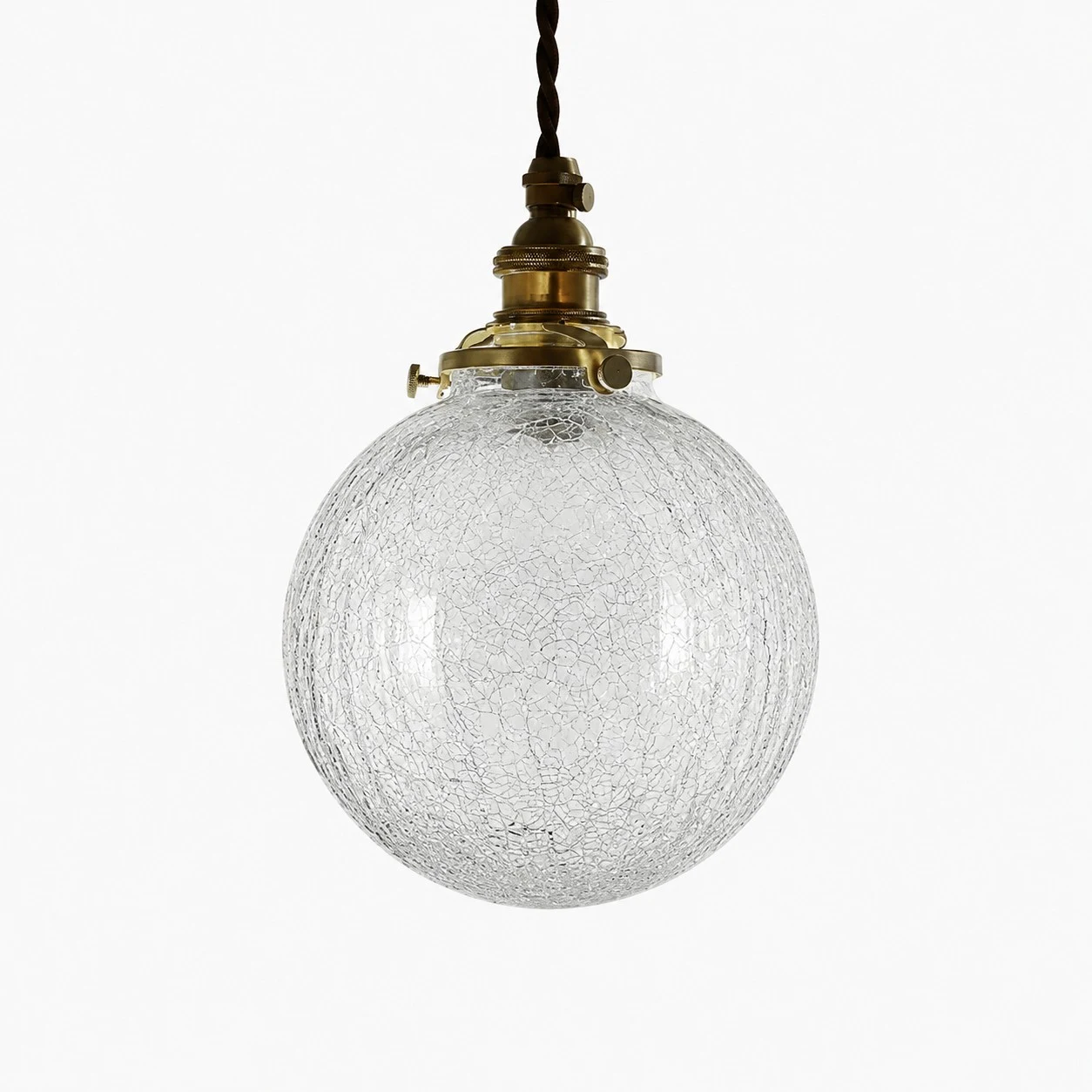 Style A brass pendant light with round clear crackle glass shade