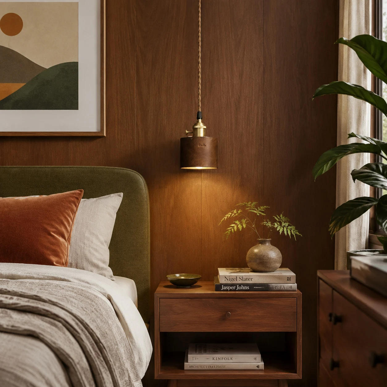 Brown leather pendant lamp installed beside a bedroom nightstand