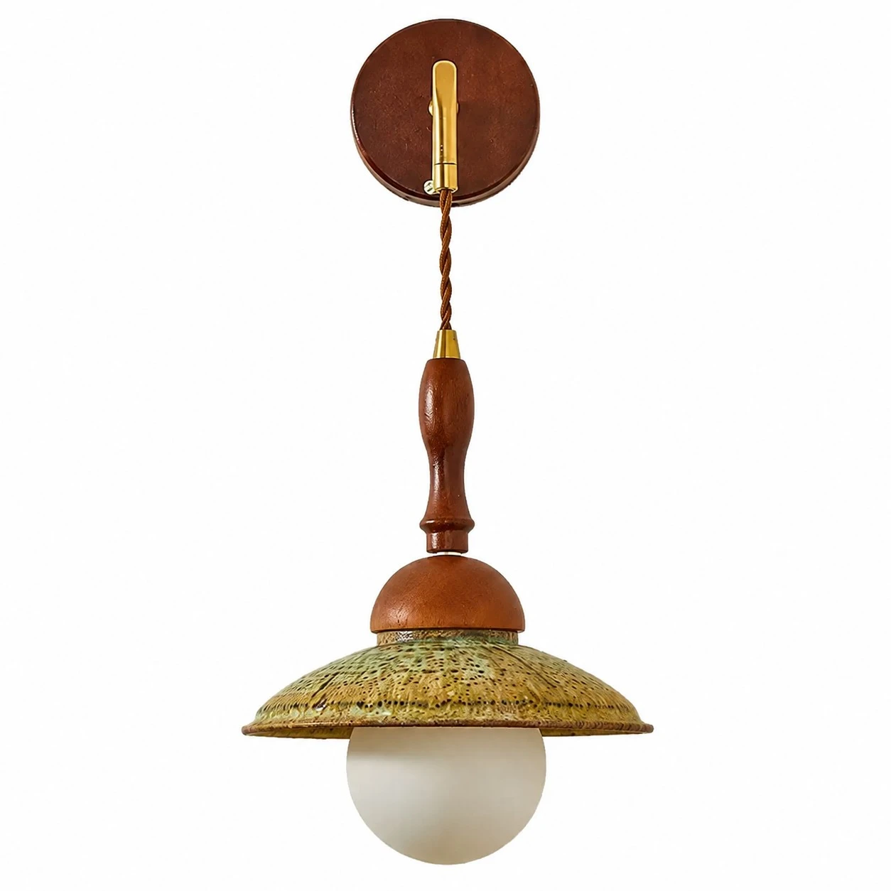 Unlit Japanese retro wall sconce showing the round backplate, wood stem, brass connector and shallow shade