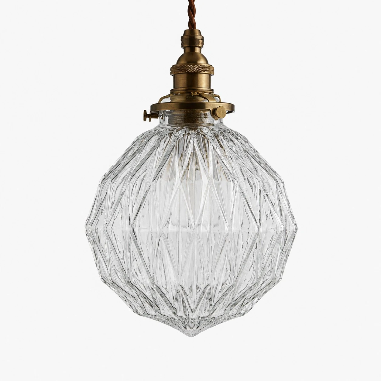 Style C brass pendant light with faceted clear glass shade