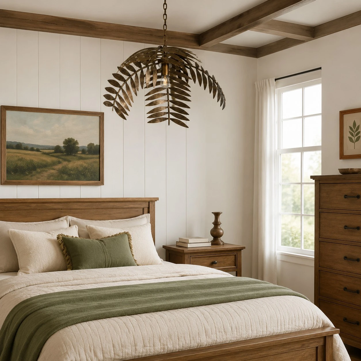 Antique bronze palm leaf chandelier in a country bedroom