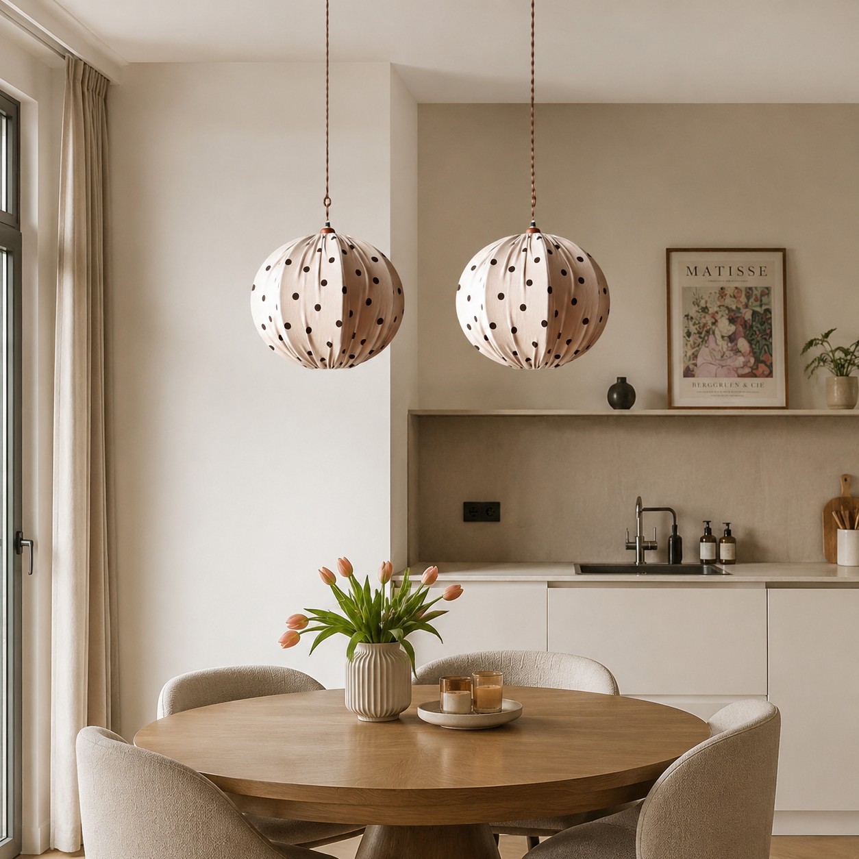Cream polka dot pendant lamps over a round dining table