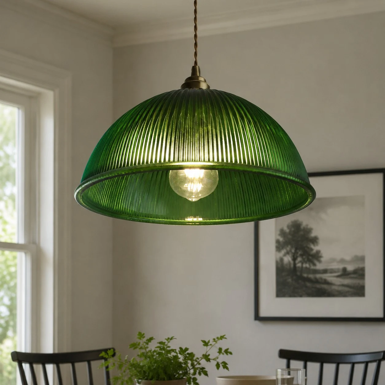 Emerald green ribbed glass pendant close view in a dining room