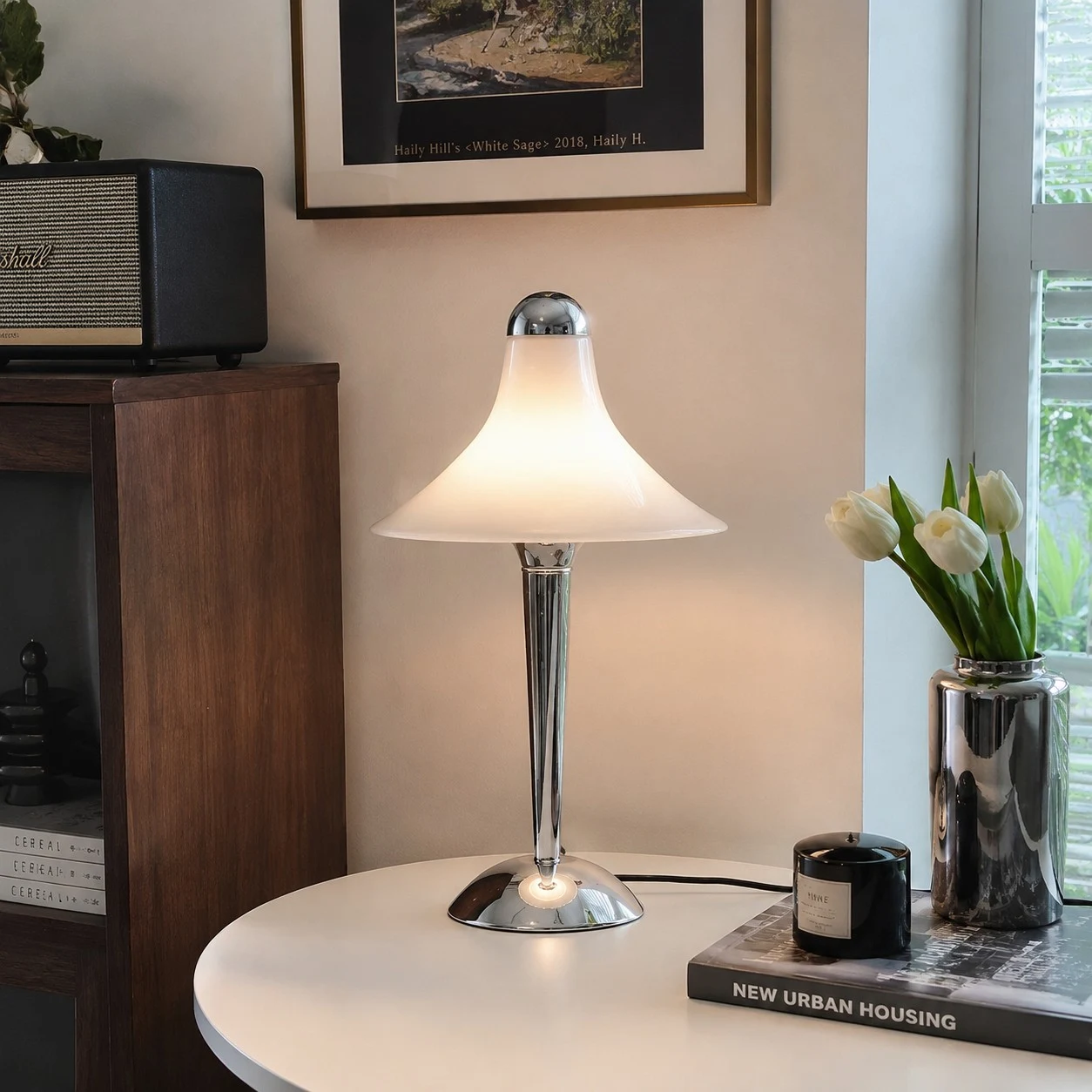 White table lamp on a round living room table
