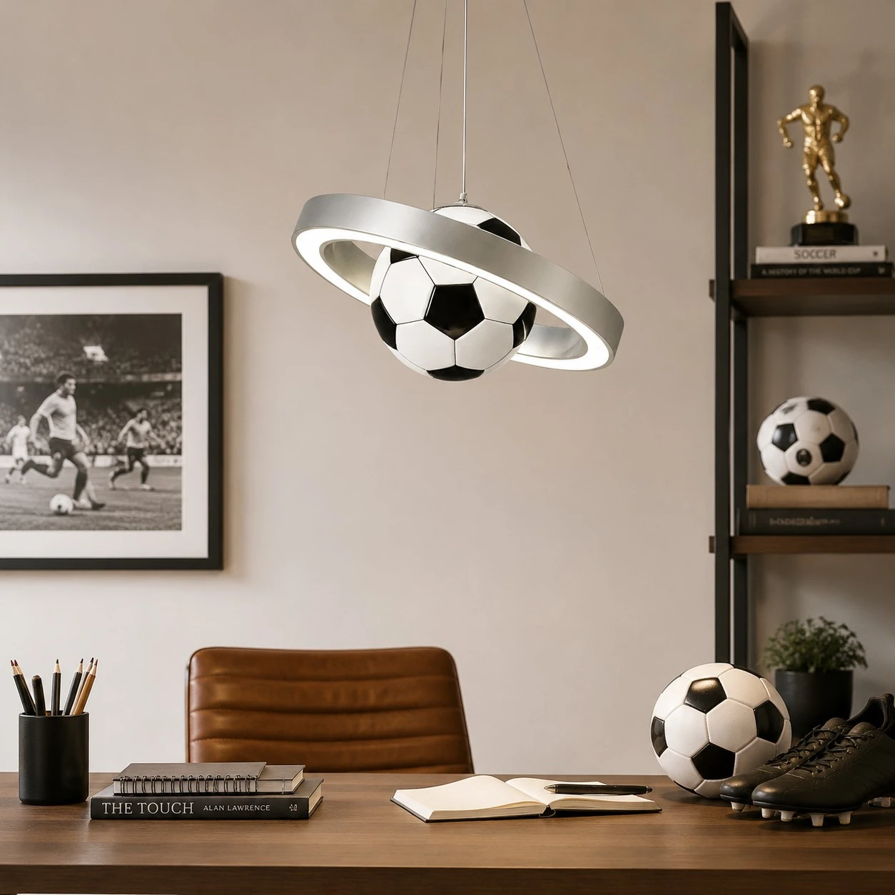 Soccer pendant chandelier study desk scene