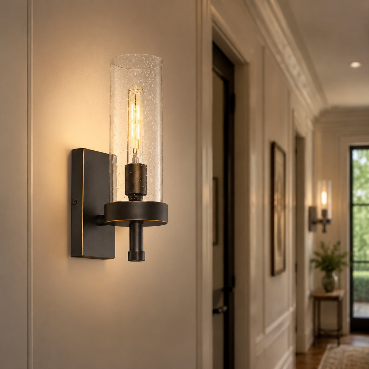 Wall sconce installed in a corridor setting