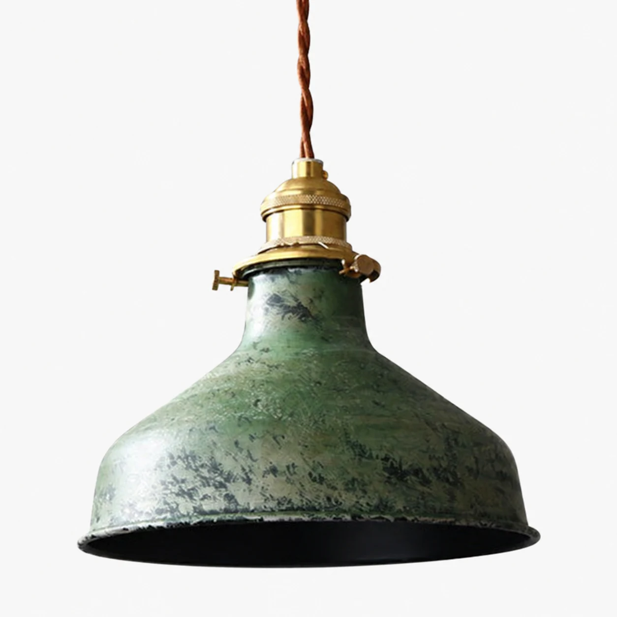 Distressed green dome pendant lamp on white background