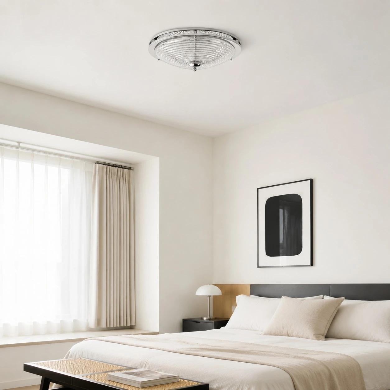 Chrome rippled glass ceiling light installed in a calm bedroom
