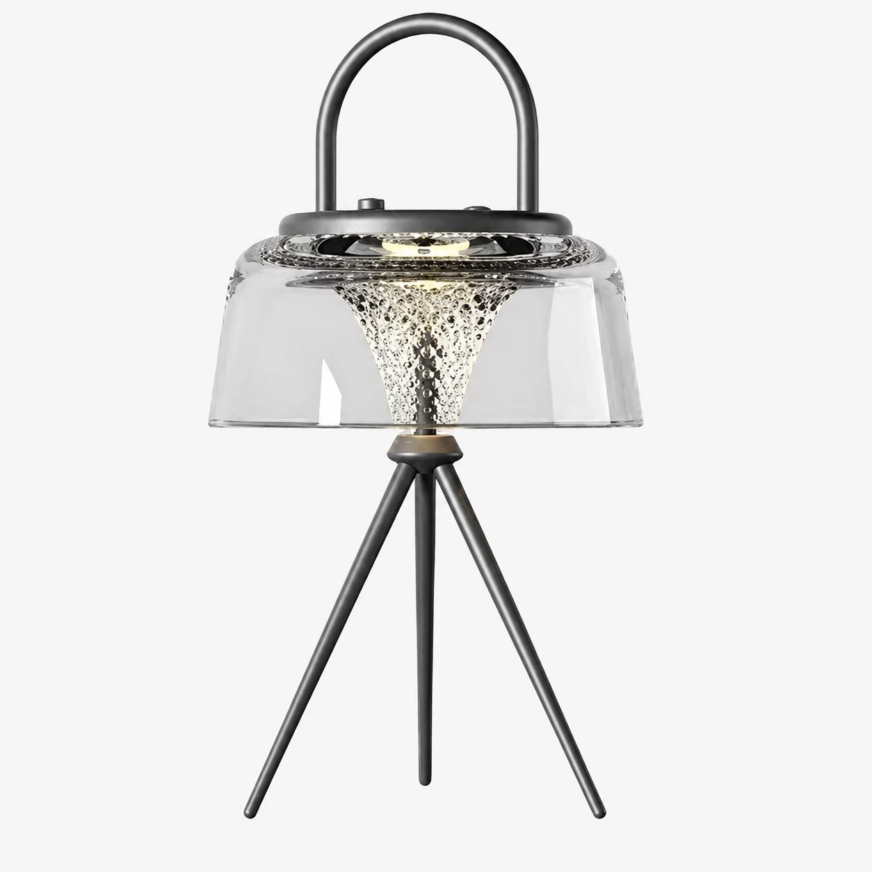 Clear solar garden lantern with black handle and tripod legs