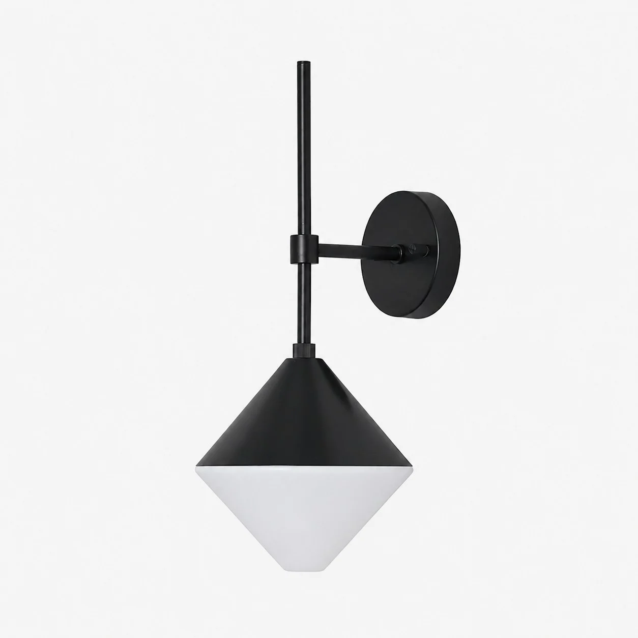 black finish wall sconce with white lower shade angled view