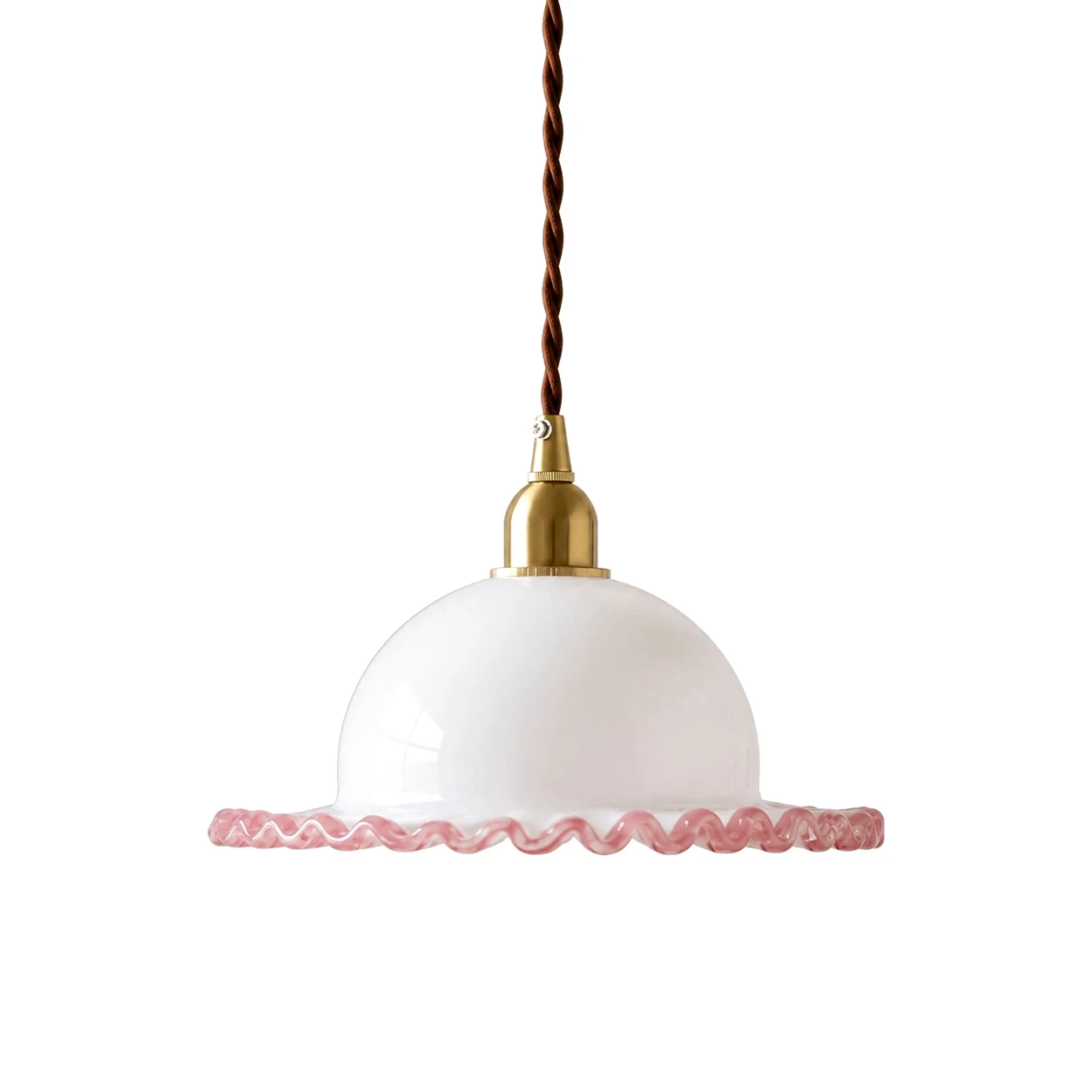 pendant version with brass holder and pink rimmed ruffled glass shade