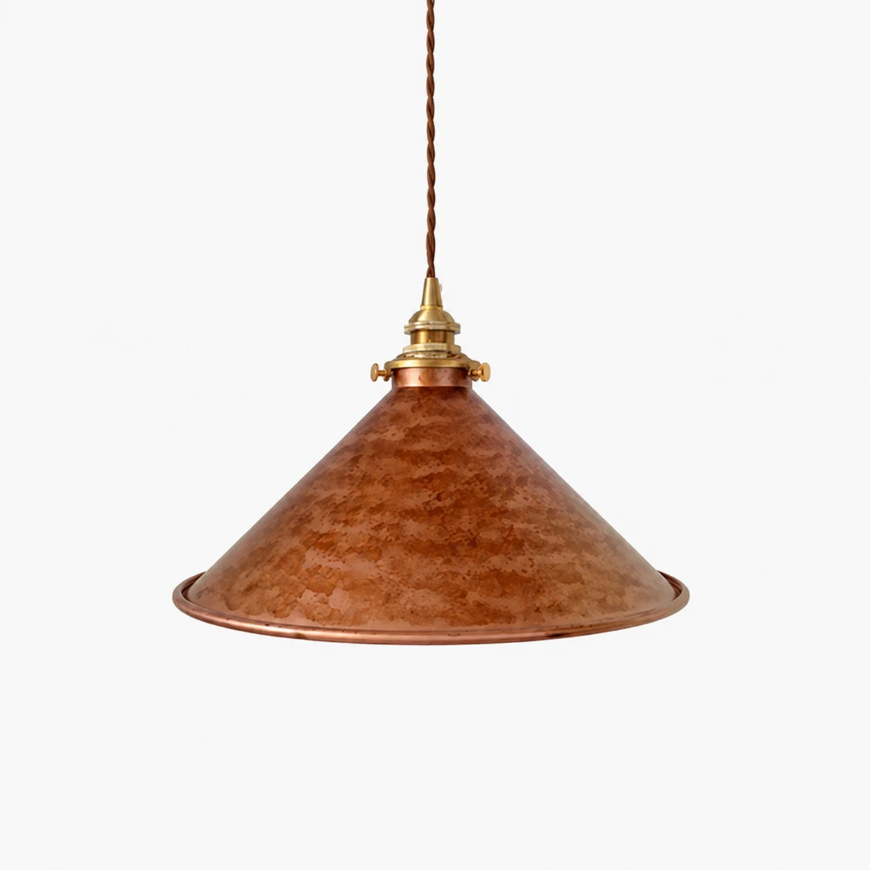 Rust copper cone pendant lamp on white background