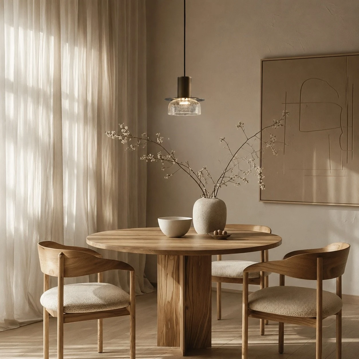 Clear brass glass pendant light installed above a round dining table