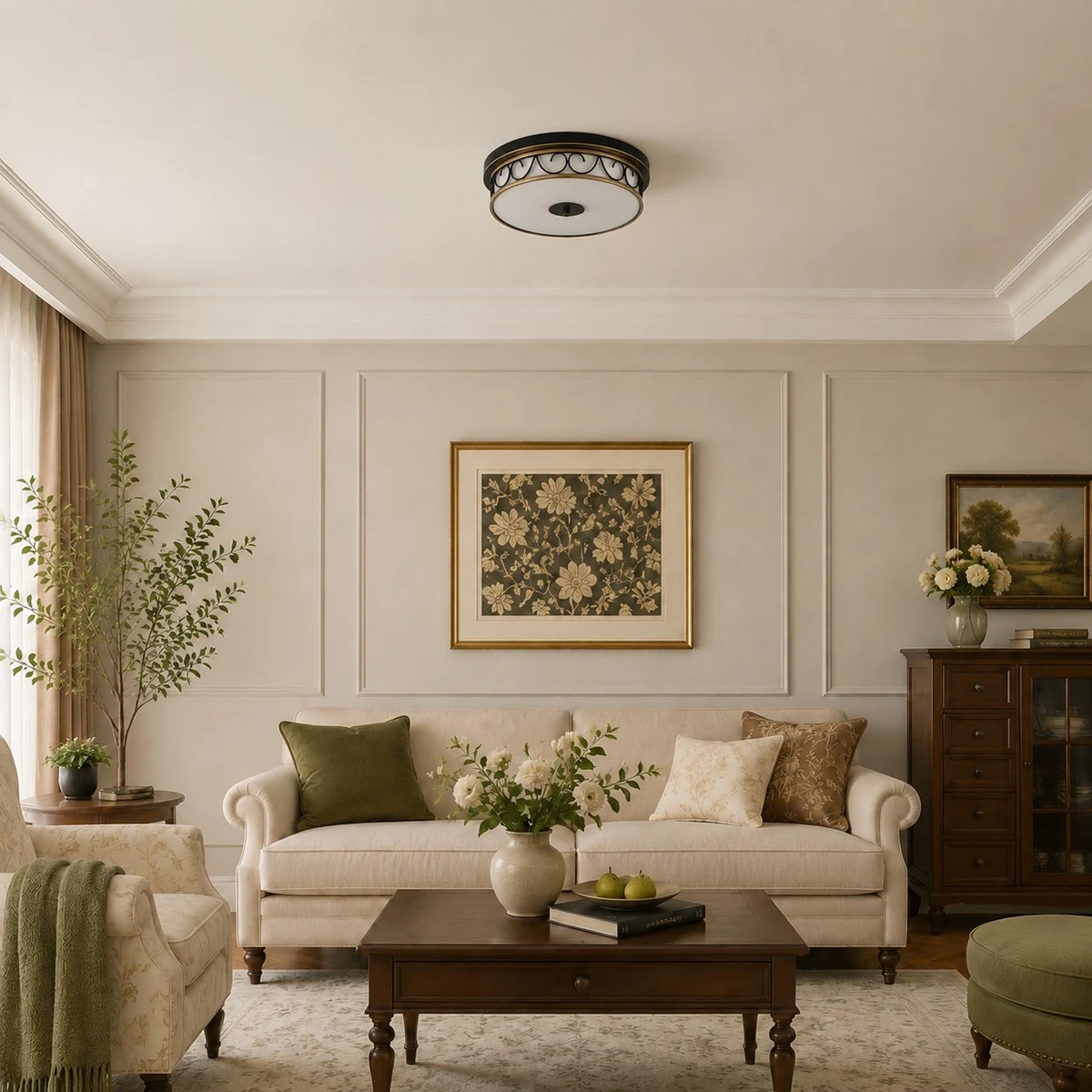 Flush mount ceiling light showing room scale above a sofa